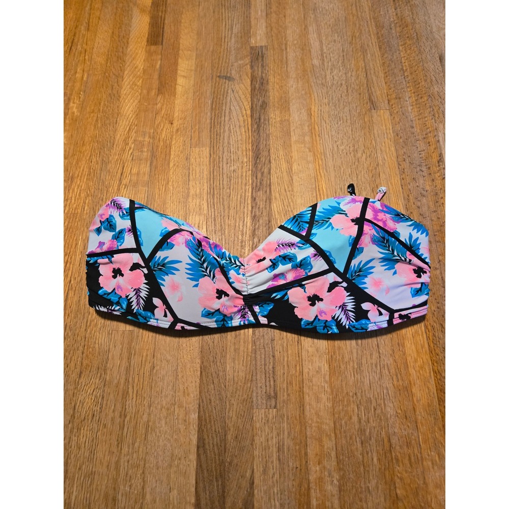 No Boundaries Women XL 15-17 Neon Multicolor Tropical Floral Bandeau Bikini‎ Top